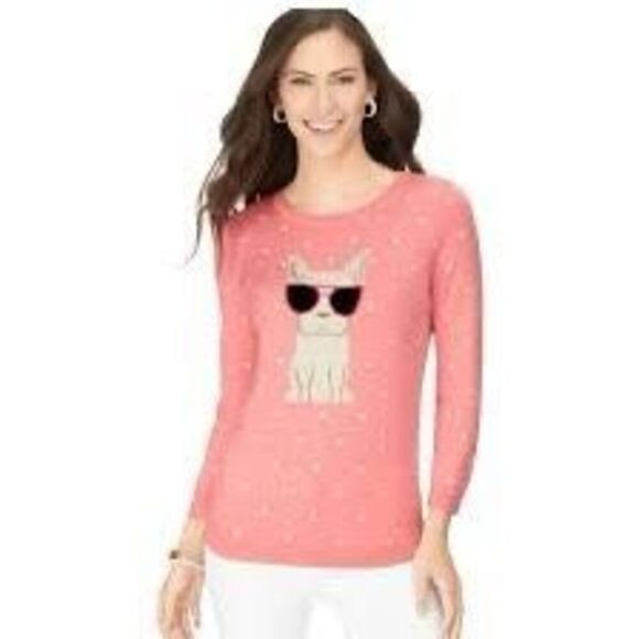 Talbots Plus Dog Frenchie Print Sweater Sz 1X Embroidered Polka Dots - Picture 1 of 8